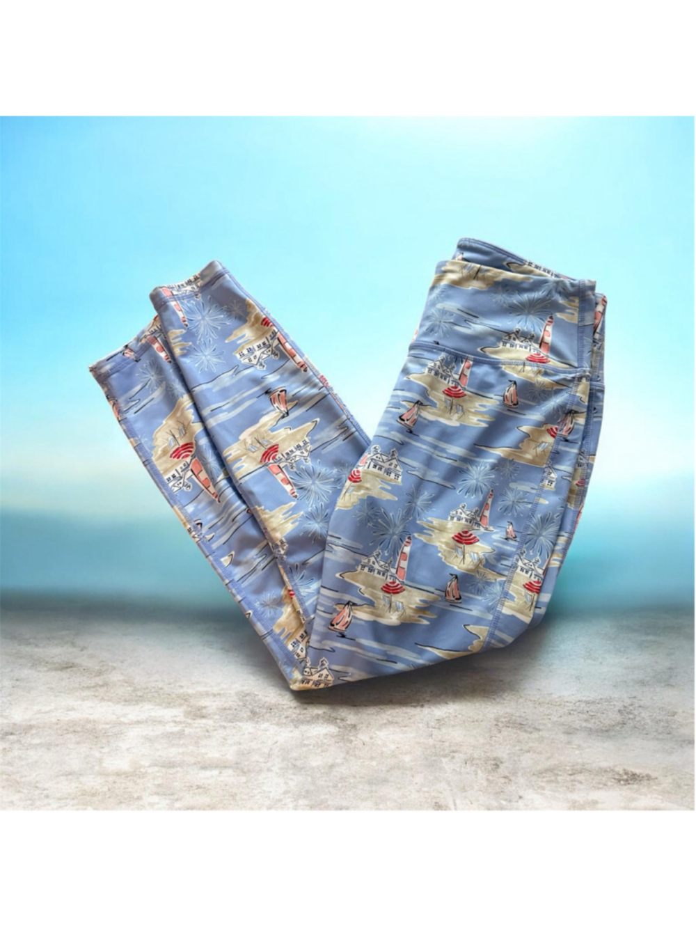 Women's Crown @ Ivy Beach Print Leggings, Blue and White